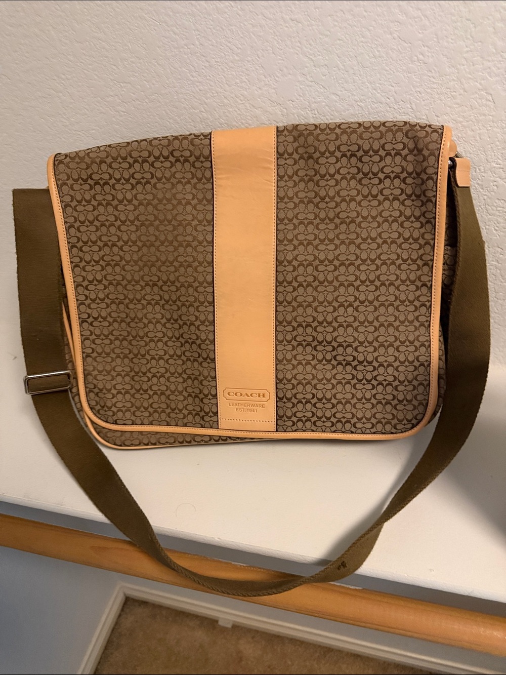 Coach Brown Signature Messenger Bag with Tan Trim